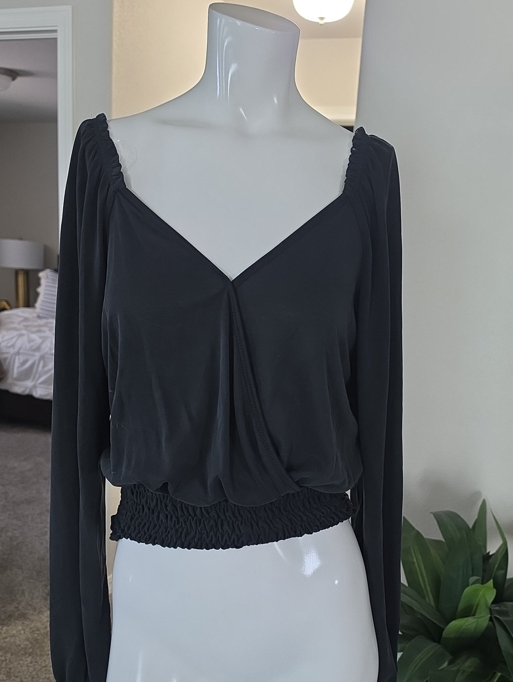 Daytrip Black V-Neck Long-Sleeve Smocked Waist Blouse